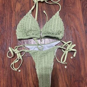 SHEIN Sage Green Textured Tie-Side Bikini Set